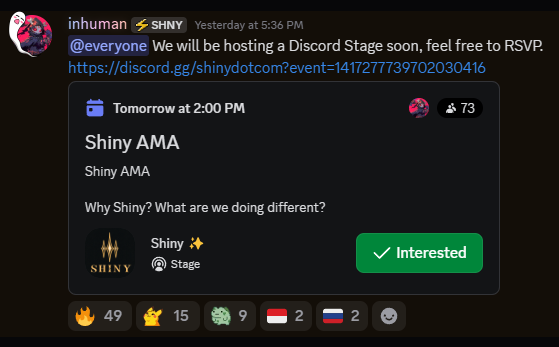The Shiny team is hosting a Discord stage AMA in 25 hours!

We will answer community questions, talk about the product, and maybe drop some leaks

Don't forget to join the discord and RSVP ✨