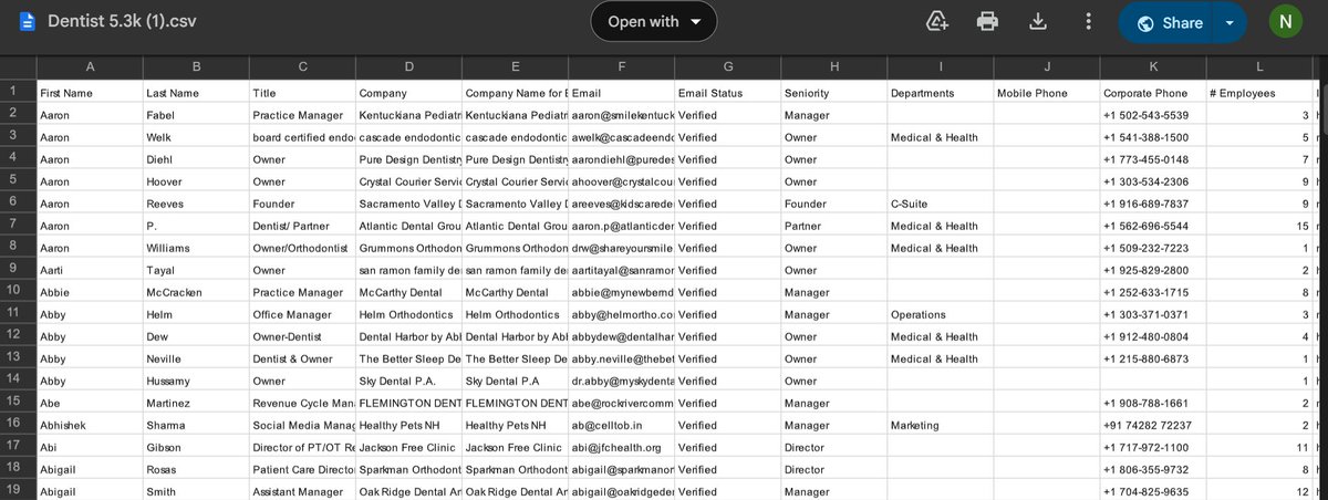 Just pulled a freshly verified list of Dentists across the U.S.

Names, emails, numbers, LinkedIns, all neatly compiled and ready to plug into your outreach

If you’re selling software, marketing, or any service for dental clinics…this list is basically a shortcut

Want the full
