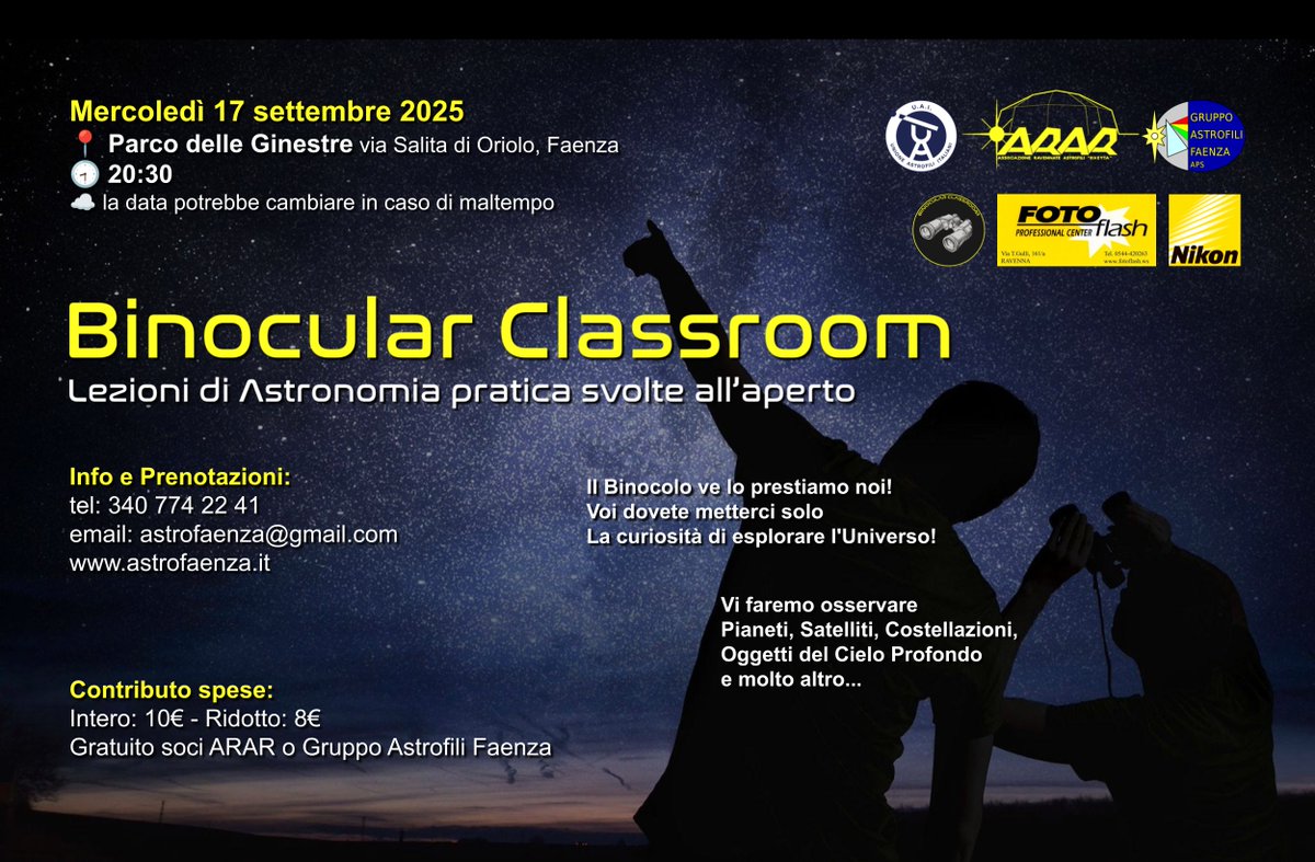 Mercoledì 17 settembre torna la Binocular Classroom al Parco delle Ginestre (via Salita di Oriolo, #Faenza)
È una lezione di #astronomia osservando il cielo col #binocolo
I posti sono limitati, contattaci per prenotare!
Dettagli: mobilizon.it/events/f35a232…

#spazio #scienza #romagna