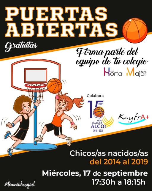 ℙ𝕌𝔼ℝ𝕋𝔸𝕊 𝔸𝔹𝕀𝔼ℝ𝕋𝔸𝕊 𝔼ℕ 𝔼𝕃 ℂ𝕆𝕃𝔼𝔾𝕀𝕆 ℍ𝕆ℝ𝕋𝔸 𝕄𝔸𝕁𝕆ℝ
¡Mañana nos vemos en el Colegio Horta Major!
Estaremos en sus puertas abiertas dentro de la feria de extraescolares con baloncesto.
#FemNouBasquet
#NouBàsquetAlcoi
#Baloncesto
#PuertasAbiertas