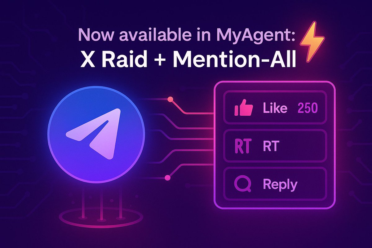 Agently | AI Solutions (@agently_ai) on Twitter photo Now available in MyAgent: X Raid + Mention-All
• Type /raid and paste an X link to open a one-tap Like/RT/Reply panel with a live counter
• Use /all to notify your community
• Enjoy your one-stop shop from Modding to Group Management
Try it on your next post. Now available in MyAgent: X Raid + Mention-All
• Type /raid and paste an X link to open a one-tap Like/RT/Reply panel with a live counter
• Use /all to notify your community
• Enjoy your one-stop shop from Modding to Group Management
Try it on your next post.