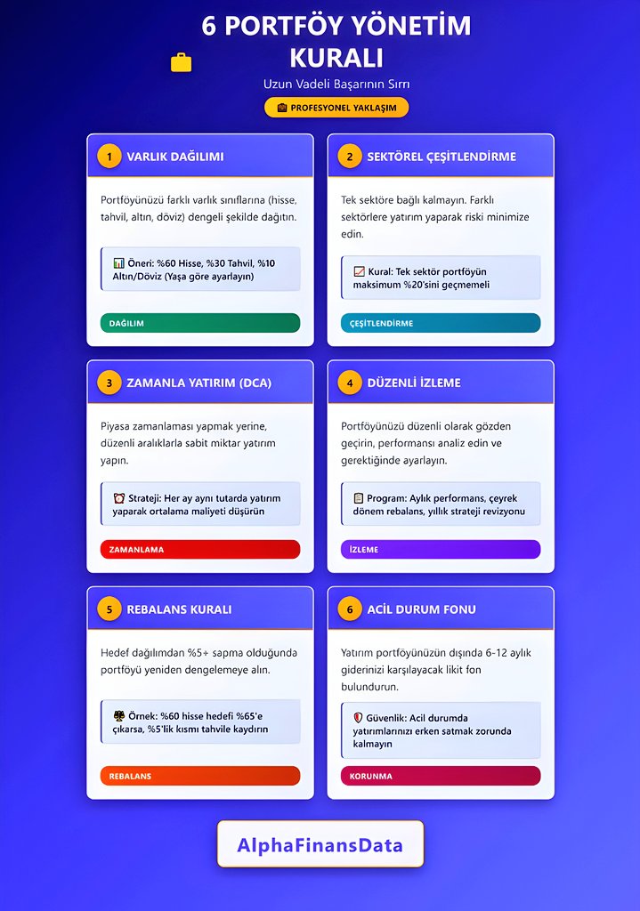 💼 6 PORTFÖY YÖNETİM KURALI 💼

📈 Uzun vadeli başarının sırrı!

🎯 Temel Kurallar:
- Varlık Dağılımı - %60 hisse, %30 tahvil, %10 diğer
- Sektörel Çeşitlendirme - Tek sektör max %20
- DCA Stratejisi - Düzenli yatırım
- Acil Durum Fonu - 6-12 aylık gider

⚖️ Profesyonel Yaklaşım: