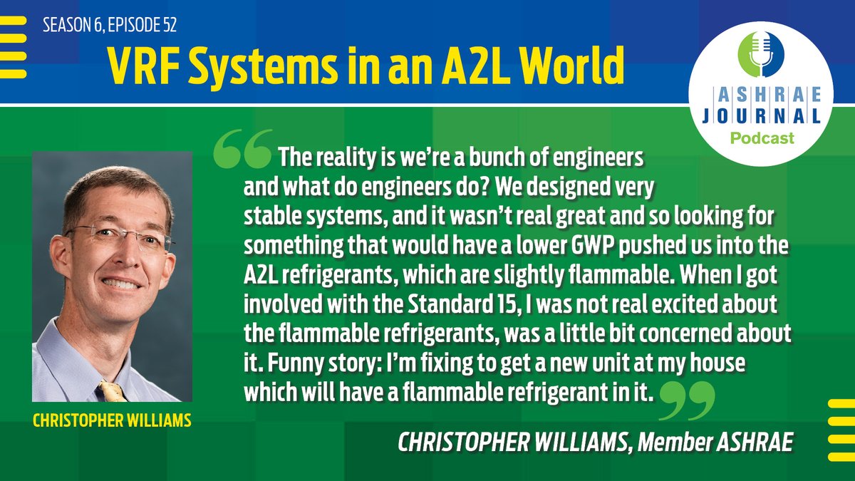 🚀🎙️ ASHRAE Journal Podcast Episode 52 is now available!

Join host Badri Patel, P.Eng., Member ASHRAE, along with industry veterans Christopher Williams, Member ASHRAE, and Scott McGinnis, P.E., Member ASHRAE, as they explore the impact of A2L refrigerants, ASHRAE Standard 15
