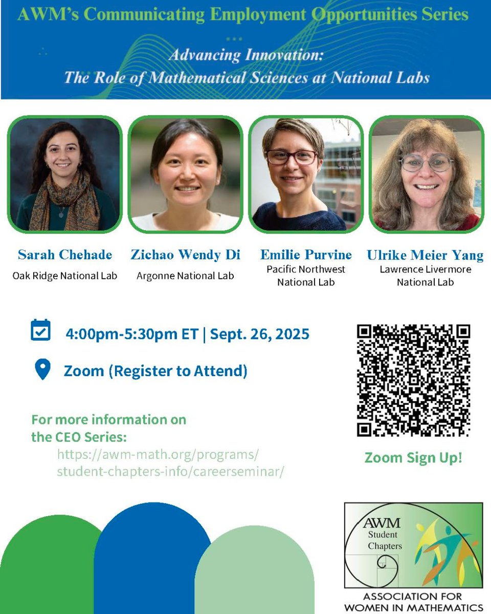 AWMmath's tweet image. Join #AWM for the Student Seminar series &quot;Advancing Innovation: The Role of Mathematical Sciences at National Labs.&quot; We&apos;ll learn from four women who work at various national labs about their experiences! 

📅 Sep 26
🕰️ 4:00 - 5:30 P.M. ET
🔗 Register: bit.ly/AWM-Career-Sem…