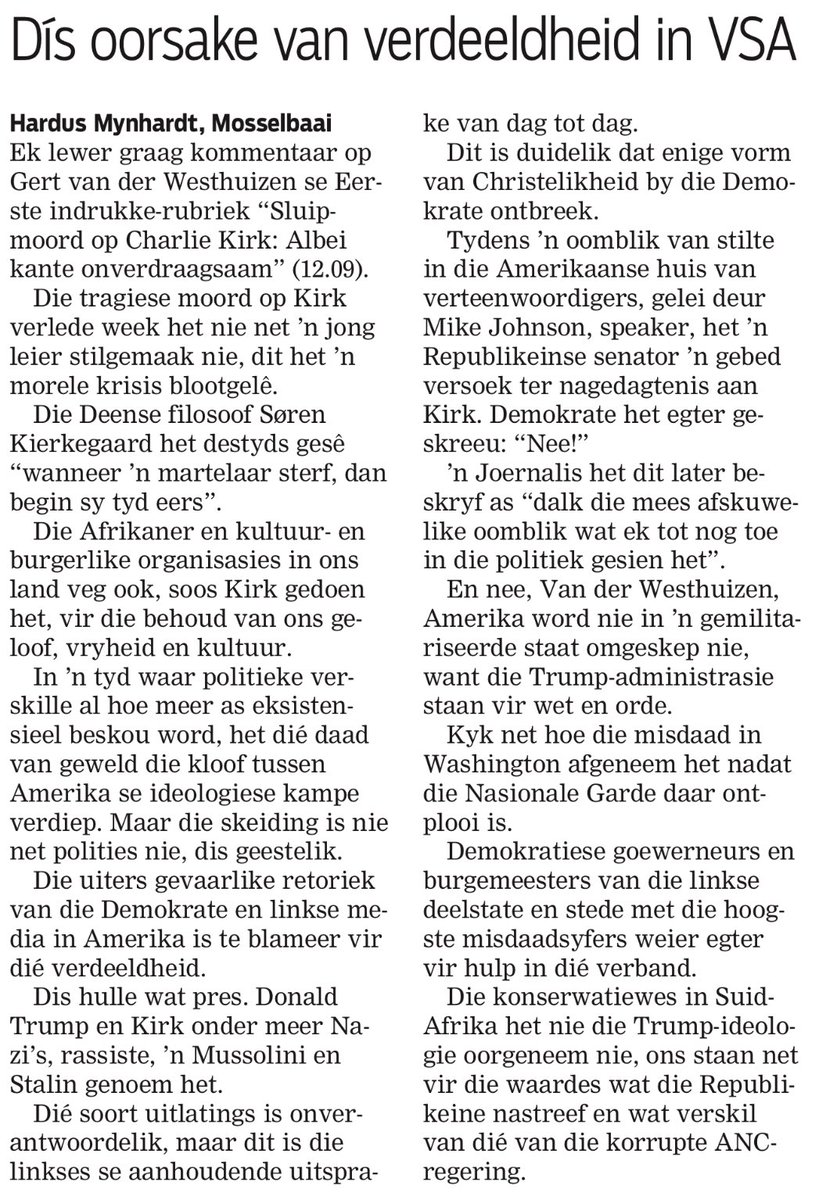 JacoKleynhans's tweet photo. Uitstekende brief in Die Burger! https://t.co/9g81UjeKen