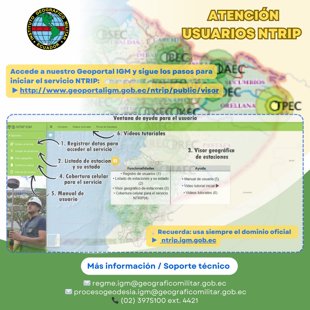 ¡𝐔𝐬𝐮𝐚𝐫𝐢𝐨𝐬 𝐍𝐓𝐑𝐈𝐏, 𝐞𝐬𝐭𝐨 𝐞𝐬 𝐩𝐚𝐫𝐚 𝐮𝐬𝐭𝐞𝐝𝐞𝐬! 😀
Conéctate de manera segura con el dominio oficial:
 ntrip.igm.gob.ec
Accede al Geoportal y sigue los pasos para iniciar tu servicio NTRIP:
geoportaligm.gob.ec/ntrip/public/v…