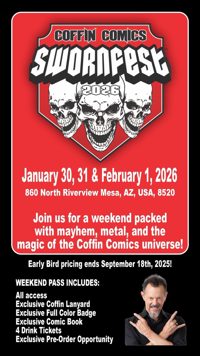 Looking forward to meeting your favorite Coffin Comics artist or reconnecting with online friends? Swornfest 2026 is the perfect event! 
Take advantage of the early bird pre-sale, ending September 18—get your tickets now! 

visit  buff.ly/60wtzbA 
#CoffinComics #ComicArt
