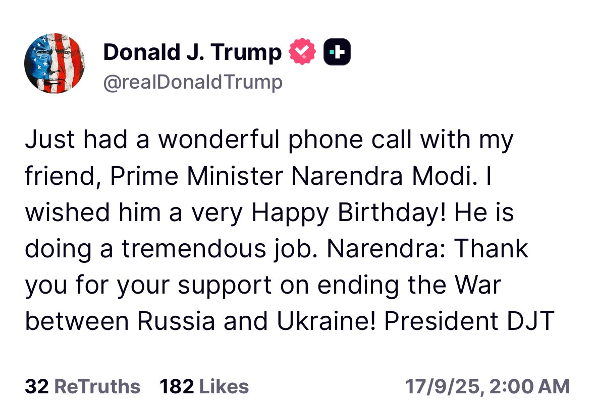 Trump posts on Truth social.
Thanks for India’s support to end the war in Ukraine.