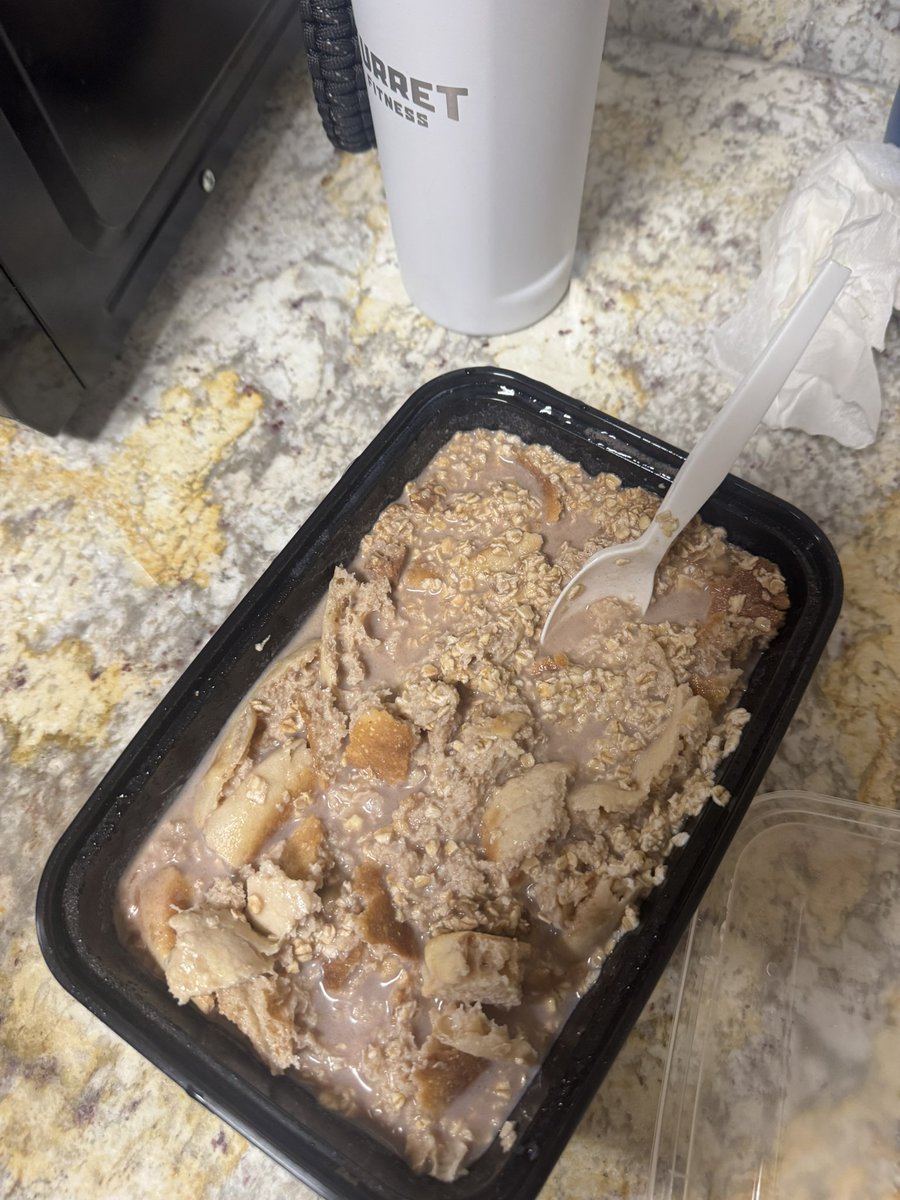 Oats, banana, English muffins, protein.

Mash the banana, then mix it with the oats and protein powder (close the container and shake). Break up the English muffins, add water, and let it sit for 5 minutes. Heat and enjoy.

I have also done it with toasted English muffins after