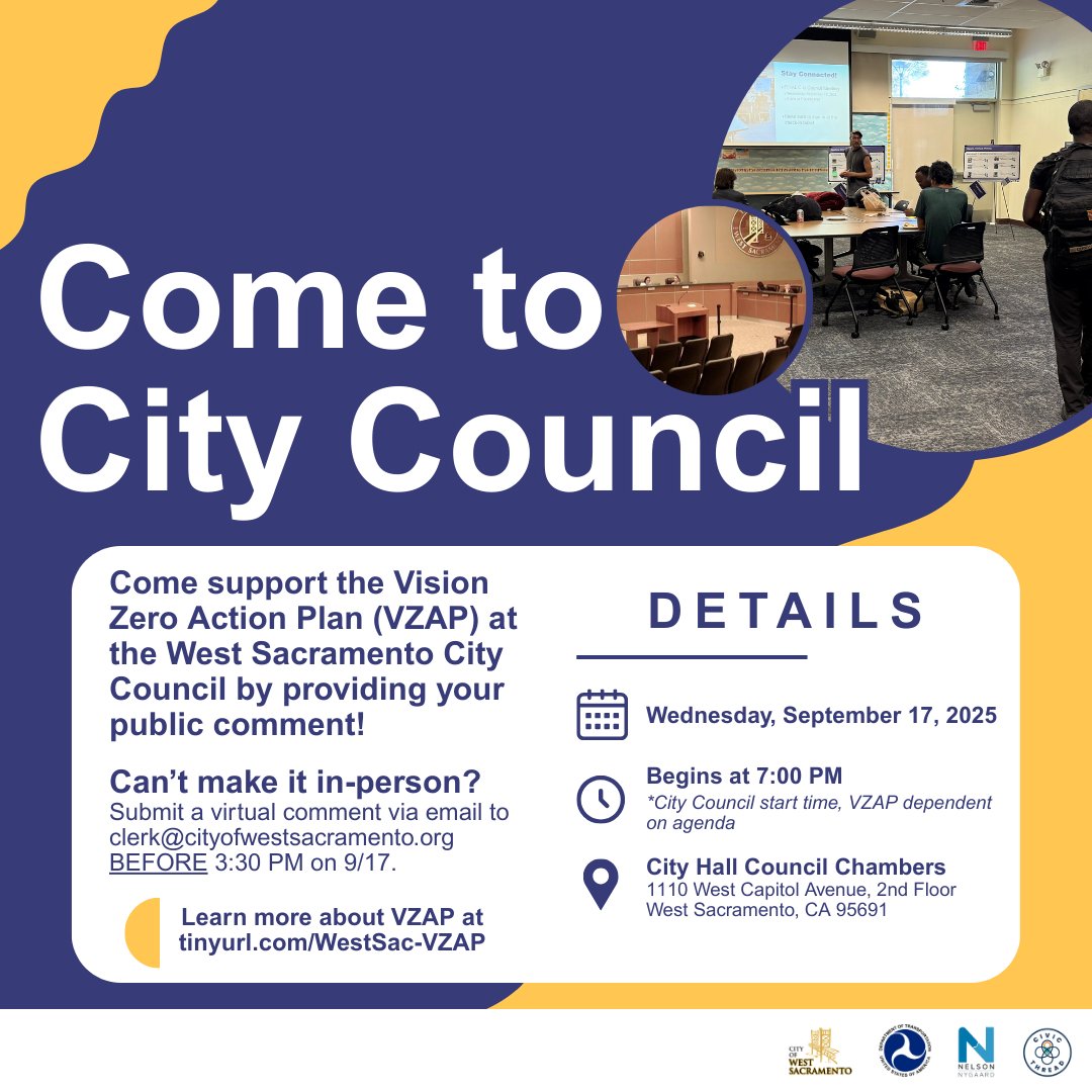 CivicThread's tweet image. Come out and speak up! After a year of engagement to ensure that the Vision Zero Action Plan (VZAP) prioritizes the community's needs and experiences to be safe, it's finally going up to City Council.

View tomorrow's City Council meeting agenda here: tinyurl.com/WestSac-VZAP-A…