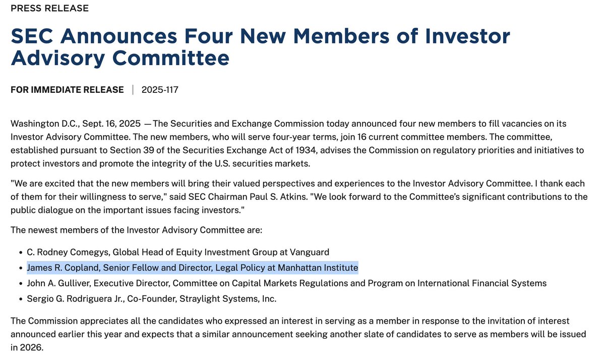 We’re proud to share that senior fellow <a href="/JamesRCopland/">James R. Copland</a> has been appointed to the SEC’s Investor Advisory Committee, which advises the Commission on priorities to protect investors and strengthen U.S. securities markets.