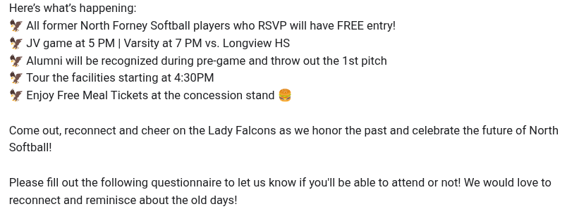 North Forney Lady Falcons Softball (@nfsoftball2) on Twitter photo 🦅 Falcon Fans, Mark Your Calendars!🦅
North Forney is hosting our 1st Annual Softball Alumni Night and you’re invited to celebrate generations of Lady Falcon tradition!
📅 Friday, March 20, 2026
🕠 4:30–8:30 PM
📍 NFHS Softball Facility
<a href="/ForneyAthletics/">ForneyISDAthletics</a> <a href="/NFHS_TrueNorth/">North Forney HS</a> 🦅 Falcon Fans, Mark Your Calendars!🦅
North Forney is hosting our 1st Annual Softball Alumni Night and you’re invited to celebrate generations of Lady Falcon tradition!
📅 Friday, March 20, 2026
🕠 4:30–8:30 PM
📍 NFHS Softball Facility
<a href="/ForneyAthletics/">ForneyISDAthletics</a> <a href="/NFHS_TrueNorth/">North Forney HS</a>
