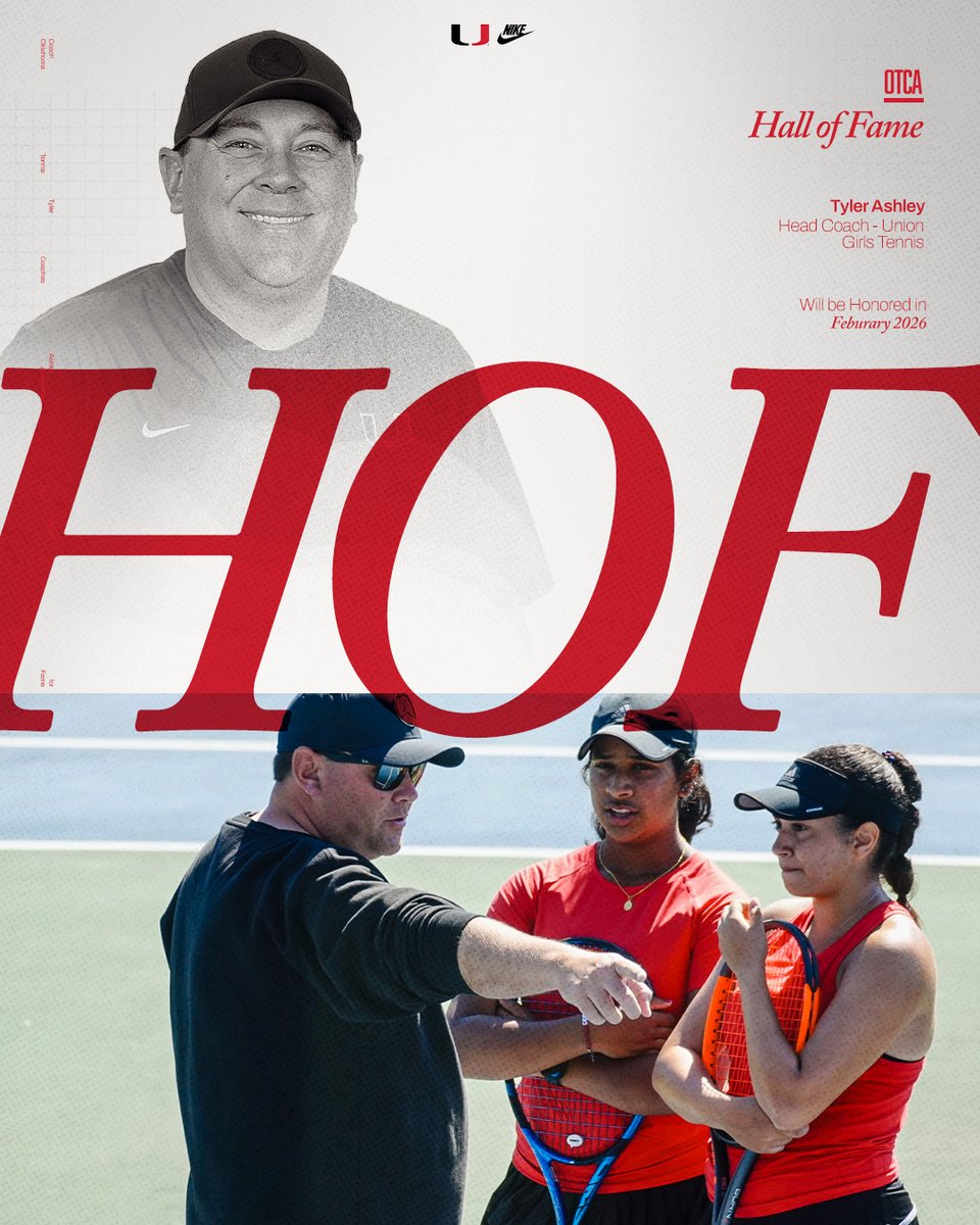 A huge honor for a HUGE leader👏 Union Head Girls Tennis Coach Tyler Ashley selected to Oklahoma Tennis Coaches Association Hall of Fame! 🎾 The induction ceremony will be held in February 2026. Congratulations, Coach! We couldn't be prouder. ❤️🖤 #OTCA #HallofFame <a href="/UnionTennisOK/">Union Tennis</a>