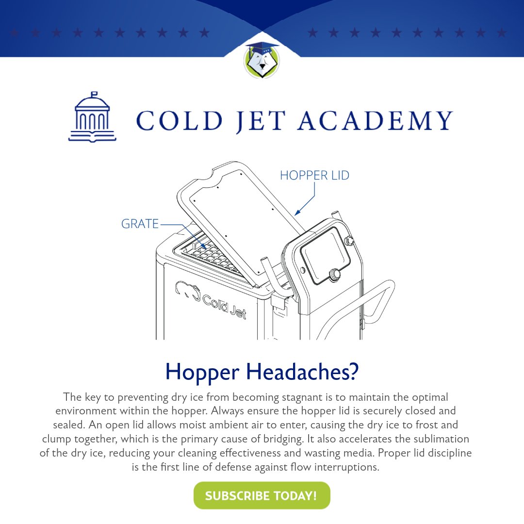 At Cold Jet, we are committed to helping you achieve the best performance and longevity from your equipment. This edition of our newsletter focuses on a crucial aspect of daily operation: proper dry ice management in the hopper. 

Sign up: hubs.li/Q03FCLsP0