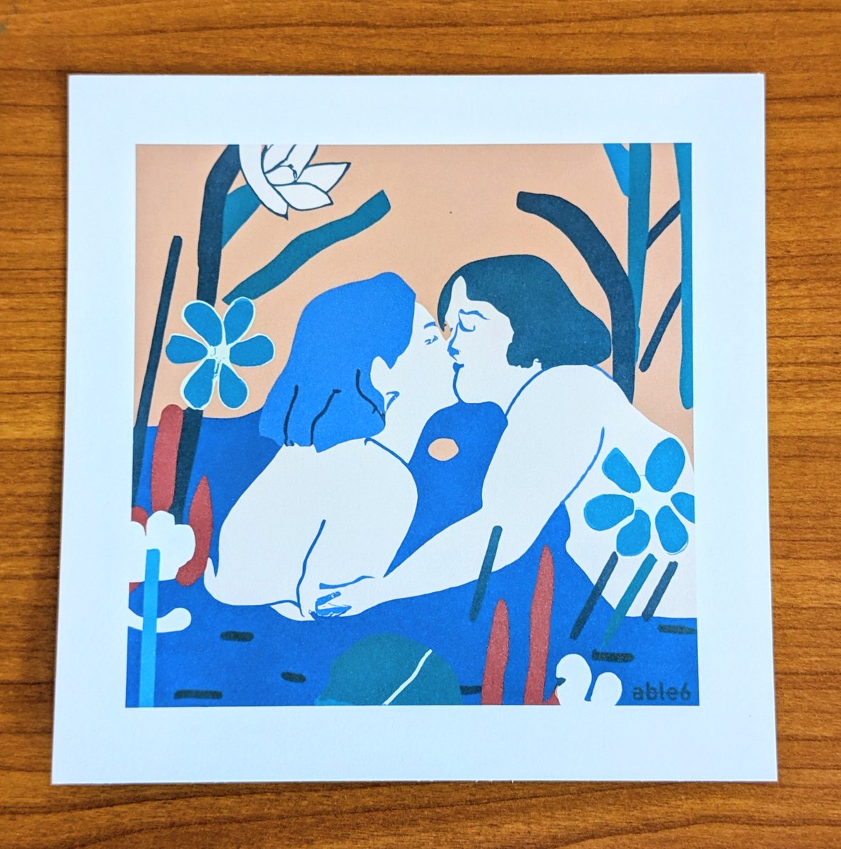 First kiss, a sapphic romantic lesbian art print for lovers. It's retro and not too graphic. able6.com