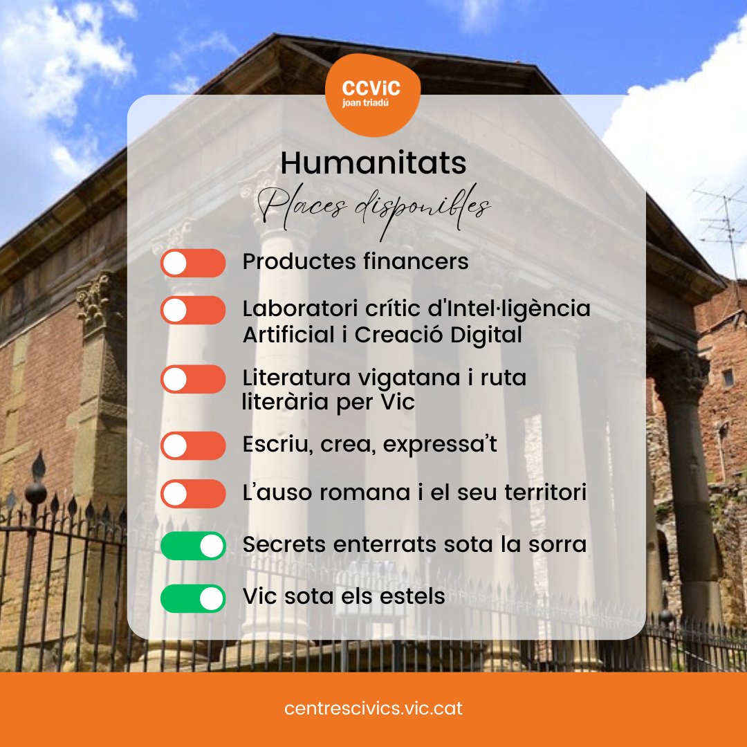 👉Places lliures als monogràfics del <a href="/CCVicJoanTriadu/">Centre Cívic Joan Triadú</a> 
🧐Secrets enterrats sota la sorra, 25 de setembre
⭐️Vic sota els estels, 28 de novembre
✍️bit.ly/45HZ3Vd