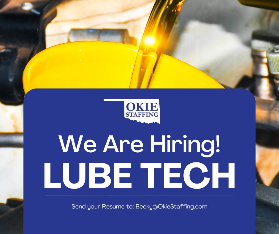 OkieStaffing's tweet image. 🚛 Lube Technician Wanted! 2nd Shift Mon–Fri 2PM–1AM, $15–$18/hr DOE, temp-to-hire. Keep trucks running smooth! Apply w/resume + 2 IDs: 5807 S Garnett Rd Tulsa. #TulsaJobs #LubeTech #OkieStaffing