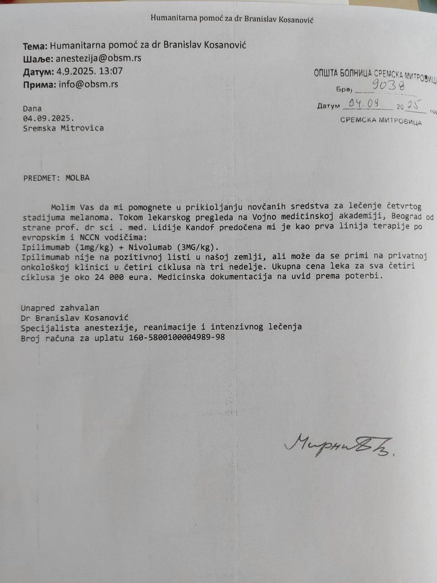SlavicaPlavsic's tweet image. ❗️Hajdemo ljudi. Da pomognemo mladom anesteziologu da se leči i izleči. Ko koliko može. Dr Branislav Kosanović je mlad lekar. Nedavno završio specijalizaciju iz anestezije. Oboleo je od melanoma. Lekovi nisu na listi RFZO. Nedostaje 24 000 evra da  primi terapiju u privatnoj…