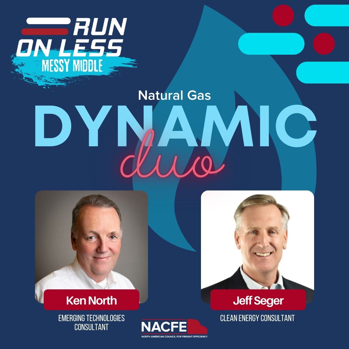 RunOnLess's tweet image. Run on Less – Messy Middle would not have happened without the four teams of two @NACFE_Freight staff members who were assigned to each #fuel #technology.
Today we acknowledge the natural gas Dynamic Duo of Ken North and Jeff Seger.
#RunOnLess #MessyMiddle #naturalgas