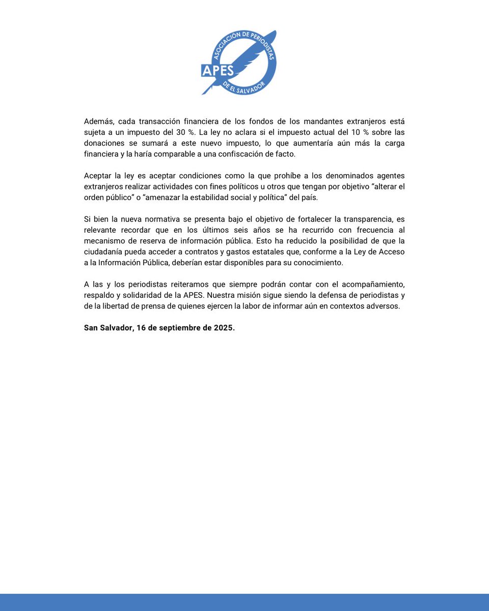 #COMUNICADO 📢 La Asociación de Periodistas de El Salvador (APES) informa que, ante la entrada en vigencia de la Ley de Agentes Extranjeros, nos hemos visto obligados a renunciar a nuestro derecho de ejecutar proyectos con fondos de cooperación internacional en el país.