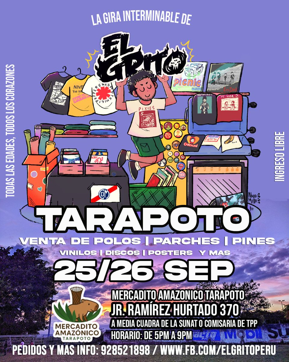 La próxima semana llegamos a #TARAPOTO con toda nuestra merch de música y contracultura. Eres de allí o ¿Conoces gente de la ciudad? Ayúdanos a ¡📣 pasar la voz!