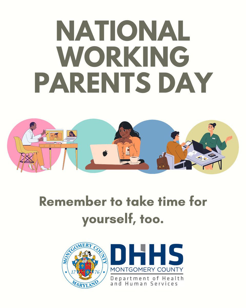 MoCoDHHS's tweet image. We take on a lot as parents! Add in a job and other life responsibilities and we can feel even more overwhelmed.
Use this day as a reminder to take time for yourself. Listen to music, take a walk, or read a few pages in a book to find some refreshment. #WorkingParentsDay