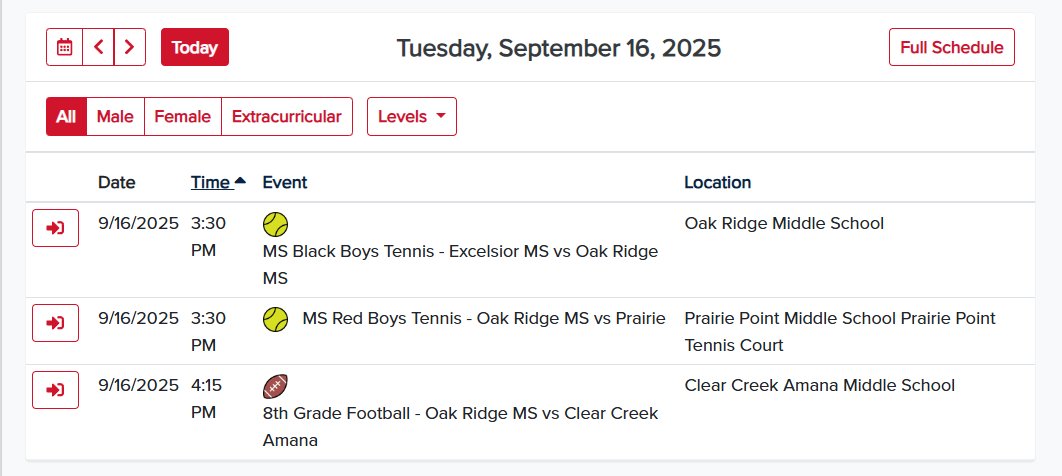 Boys' Tennis and 8th-grade football are in action today. The Black team will be at Oak Ridge (playing at the high school tennis courts), and the Red team is on the road at Prairie Point. The 8th-grade Football team has an away game @ CCA. Go Lions! #DestinationOakRidge