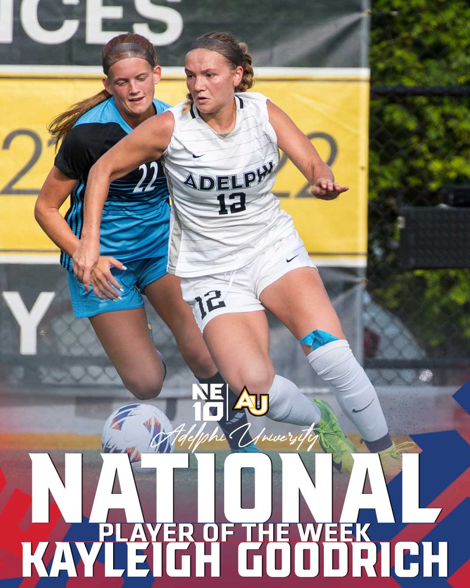 TheNortheast10's tweet image. 𝐍𝐀𝐓𝐈𝐎𝐍𝐀𝐋 𝐇𝐎𝐍𝐎𝐑𝐒 🏆

Goodrich tallies 12 points in a 2-0 week for @AUPanthers, as she is named D2CIDA National Player of the Week! 

It is the second-straight honor for NE10 players. 

#NE10EMBRACE | #NCAAD2 | #D2WSOC