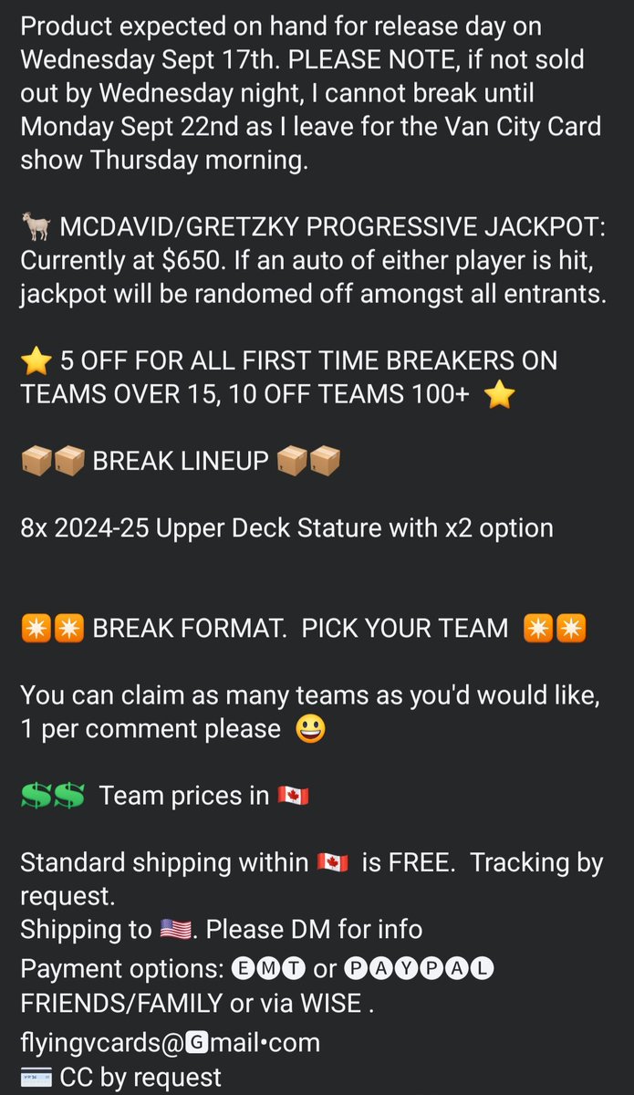FlyingVCards's tweet image. 🚨 24-25 Upper Deck Stature #GroupBreak Pre-Fill Breaks Now Open! 🚨 

🎁  Up to $10 off teams for all 1st time breakers!

💰 Prices in 🇨🇦. Remaining teams and details attached.

⏬️ Claim teams by commenting or send me a DM 😃