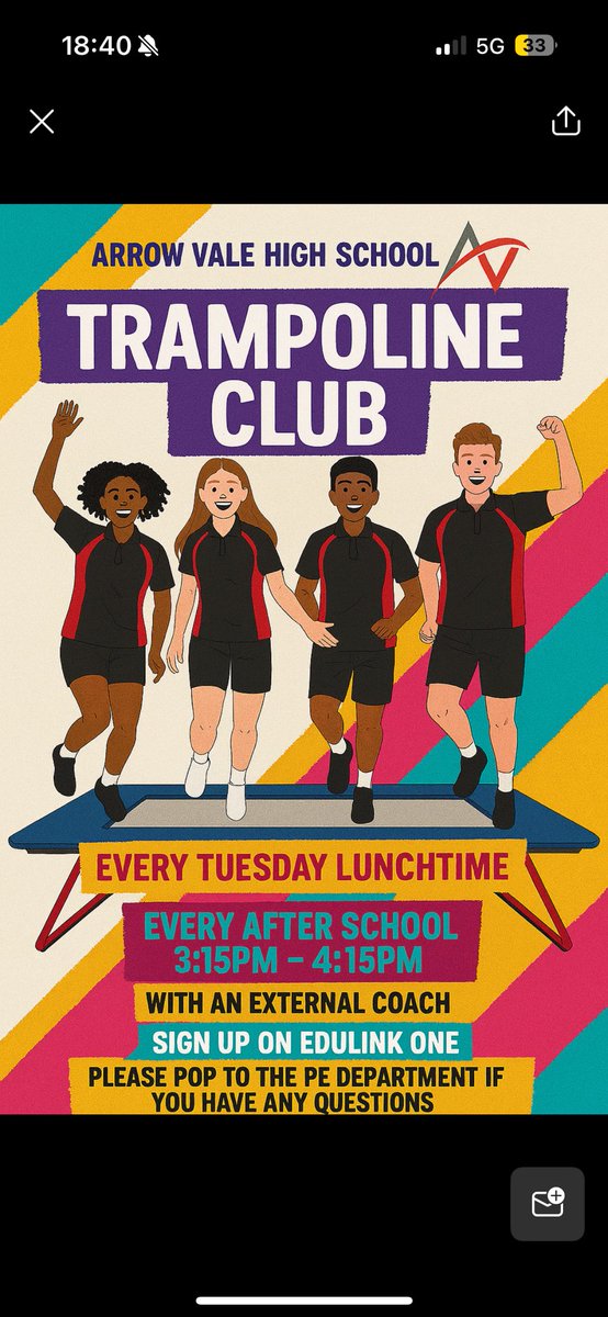 LUNCHTIME &amp; AFTERSCHOOL CLUB
<a href="/ArrowValeSchool/">Arrow Vale School</a> 
Trampolining Club will start on Tuesday 30th September due to Open Evening taking place next week!