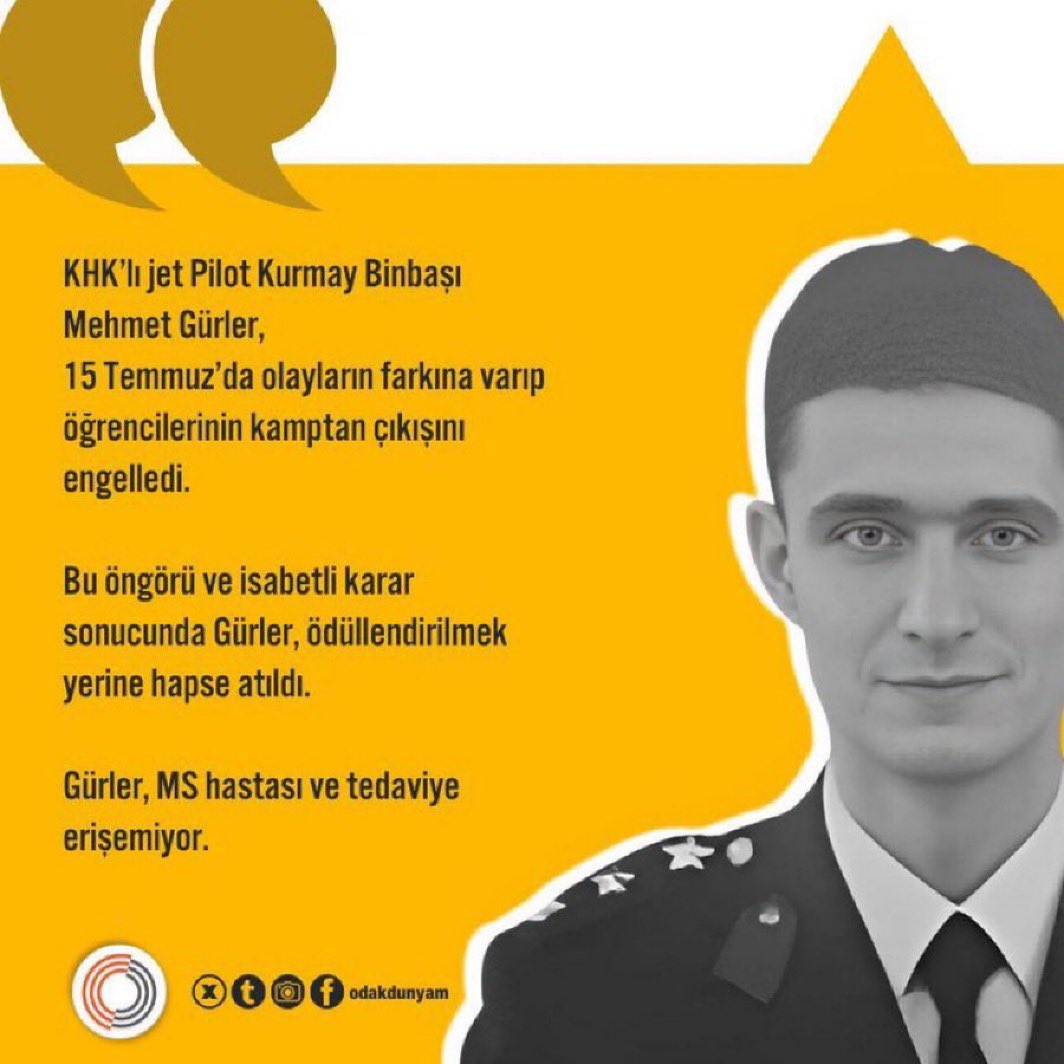 odakdunyam2's tweet photo. Hastalığı ilerliyor, tedaviden mahrum bırakılıyor. KHK’lı jet pilotu Mehmet Gürler’in hayatı cezaevinde risk altında.

HapistenMezara https://t.co/u2s4FPm7bL