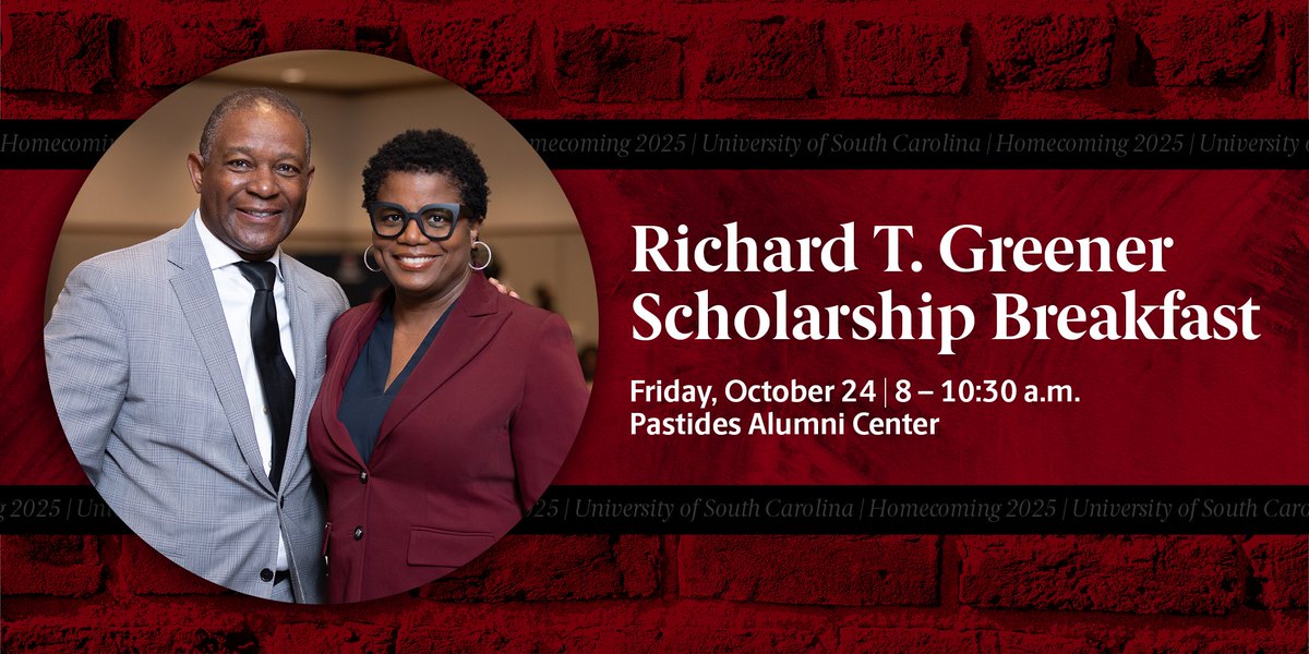It's almost Homecoming at Carolina! Enjoy a delicious breakfast, inspiring speakers and the opportunity to reconnect with fellow Gamecocks at the #RichardTGreener Scholarship Breakfast.

📍 Pastides Alumni Center
📅 Oct. 24, 2025
🕗 8–10:30 a.m.
🎟️ bit.ly/47M08wI