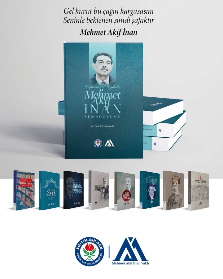 A book cover titled "Vefatının 25. Yılında Mehmet Akif İnan Sempozyumu Bildiriler Kitabı" with a portrait of Mehmet Akif İnan. Multiple copies of the book are stacked. Logos of Eğitim-Bir-Sen and Mehmet Akif İnan Vakfı are visible at the bottom. Additional book covers with similar designs are arranged below the main stack.