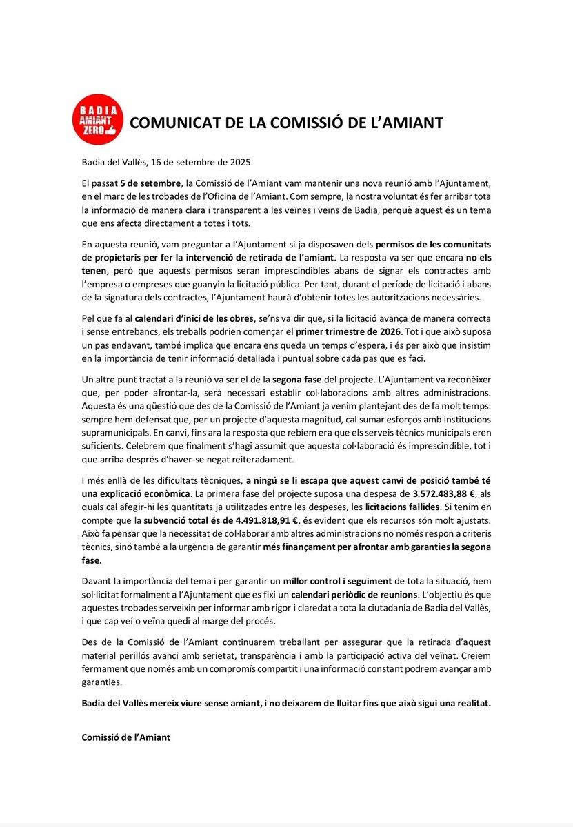 📢 Comissió de l’Amiant
Seguim treballant perquè Badia del Vallès avanci cap a un futur sense amiant. Transparència, col·laboració i informació constant són essencials. 💪

🔗 Comunicat complet: tuit.cat/dhmz7
