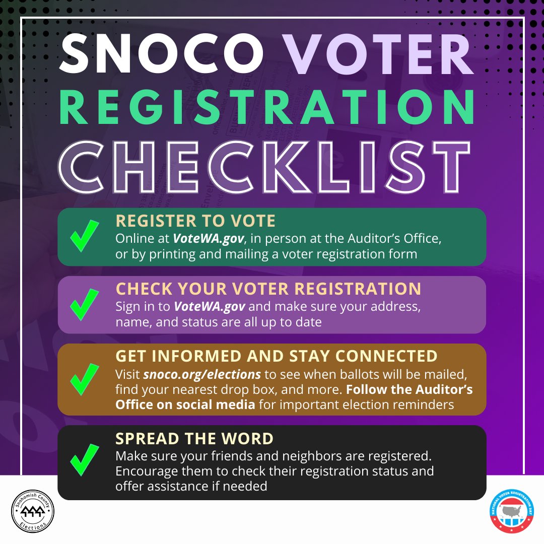 snoco_auditor's tweet photo. It's #NationalVoterRegistrationDay, so today is the perfect day to make sure your registration information is up to date!

Register to vote or update your voter info online at https://t.co/B9ZwVRN7i1, or pick up a paper registration form at your local library or post office. https://t.co/Hcb0jgbN9Q