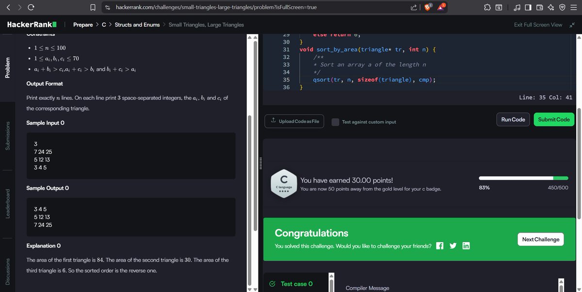 codewithGenZ's tweet image. Day 76🚀: #100daysofcode : #GeeksforGeeks
Today i solved problem on #Hackerrank
-Small & large triangle
#C_language #100daysofchallenge #codinglife #LearnInPublic #learnprogramming #programmer #coder #CodingJourney #codewithGenZ #BuildYourself #Hackathon #Genius #problem