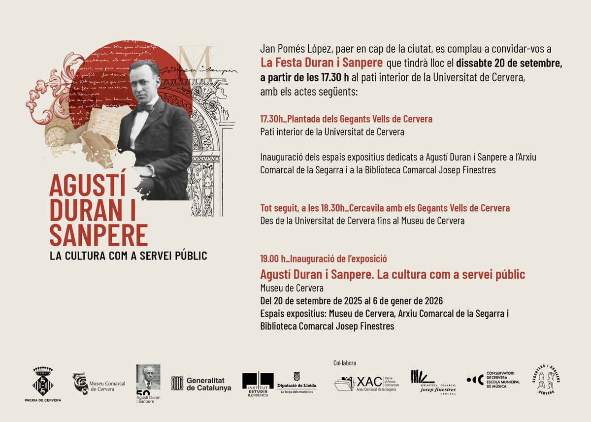 Em fa molta il·lusió anunciar-vos la inauguració de l’exposició nacional que tinc el goig de comissariar: “Agustí Duran i Sanpere. La cultura com a servei públic”.

Produïda pel <a href="/museudecervera/">Museu de Cervera</a> en el marc de la commemoració oficial del #AnyDuraniSanpere <a href="/cultura_cat/">Cultura</a>.