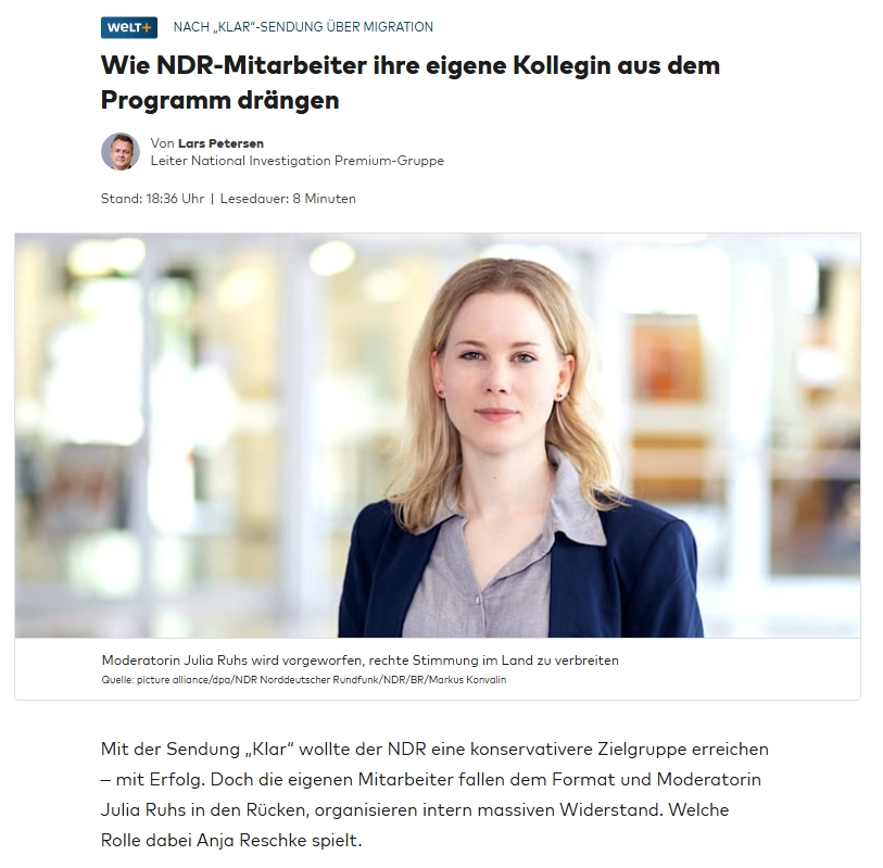 Terran Liberty (@terran_liberty) on Twitter photo Explosive Recherche von <a href="/_LarsPetersen/">Lars Petersen</a>: Beim NDR wird die eigene Kollegin <a href="/juliaruhs/">Julia Ruhs</a> von Mitarbeitern aus dem Programm gedrängt.
➡️ „Klar“-Sendung überzeugt Zuschauer: 2/3 geben Note 1–2, auch viele Nicht-Konservative.
➡️ Interner Protestbrief mit 250 Unterzeichnern, geheime Explosive Recherche von <a href="/_LarsPetersen/">Lars Petersen</a>: Beim NDR wird die eigene Kollegin <a href="/juliaruhs/">Julia Ruhs</a> von Mitarbeitern aus dem Programm gedrängt.
➡️ „Klar“-Sendung überzeugt Zuschauer: 2/3 geben Note 1–2, auch viele Nicht-Konservative.
➡️ Interner Protestbrief mit 250 Unterzeichnern, geheime