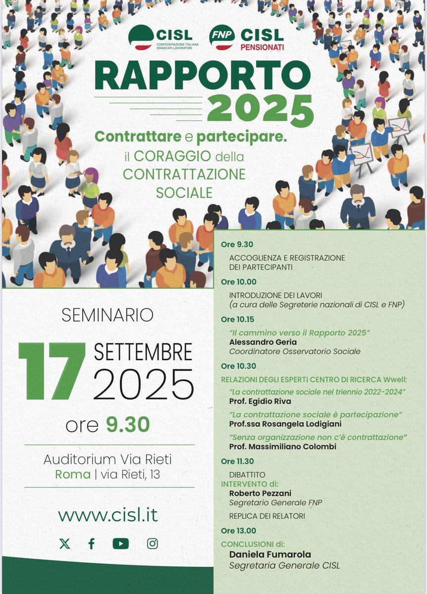 Domani, mercoledì 17 settembre  la leader Cisl #DanielaFumarola alle ore 13.00 all’auditorium di via Rieti chiuderà il seminario della Cisl: “RAPPORTO 2025. Contrattare e partecipare. il CORAGGIO della CONTRATTAZIONE SOCIALE”.