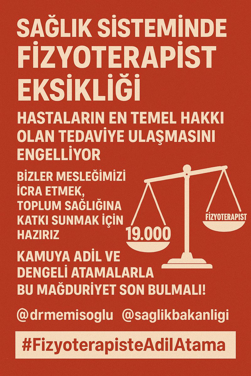 Fizyoterapist (@fizyoterapistbt) on Twitter photo Sağlık sisteminde fizyoterapist eksikliği, hastaların en temel hakkı olan tedaviye ulaşmasını engelliyor. Bizler mesleğimizi icra etmek, toplum sağlığına katkı sunmak için hazırız. Kamuya adil ve dengeli atamalarla bu mağduriyet son bulmalı!
<a href="/drmemisoglu/">Prof. Dr. Kemal Memişoğlu</a>
#FizyoterapisteAdilAtama Sağlık sisteminde fizyoterapist eksikliği, hastaların en temel hakkı olan tedaviye ulaşmasını engelliyor. Bizler mesleğimizi icra etmek, toplum sağlığına katkı sunmak için hazırız. Kamuya adil ve dengeli atamalarla bu mağduriyet son bulmalı!
<a href="/drmemisoglu/">Prof. Dr. Kemal Memişoğlu</a>
#FizyoterapisteAdilAtama