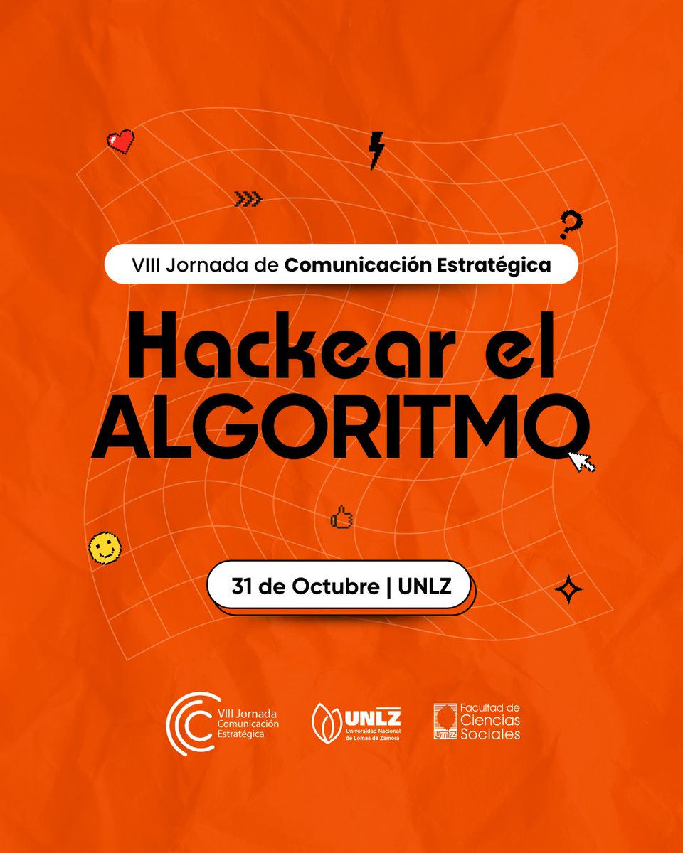 📣 VIII Jornada de Comunicación Estratégica
🌐 Hackear el algoritmo
Porque otra comunicación es posible.

🗓️ Viernes 31 de octubre.
📍<a href="/socialesunlz/">Cs Sociales UNLZ</a>

✍️Inscripción: bit.ly/InscripcionJCE
💻Pronto más info en sociales.unlz.edu.ar
📲 Consultas: jornadacomunicacionunlz@gmail.com