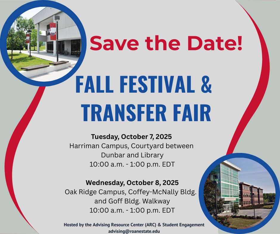 SAVE the DATE! 🗓️Did you know that the Fall Festival and Transfer Fair is a month away? 
Harriman Campus: Tuesday, October 7 / 10am to 1pm
Oak Ridge Campus: Wednesday, October 8 / 10am to 1pm
More details can be found at: roanestate.edu/?13568-Upcomin…