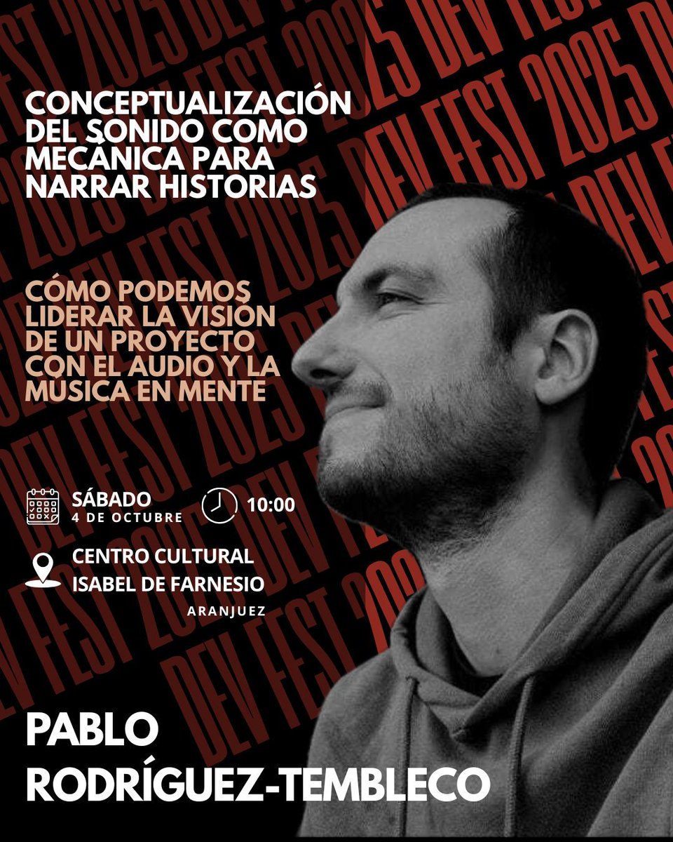 🔊 El sonido en los videojuegos puede ser mucho más que estética.

El 4 de Octubre en Aranjuez, Pablo Rodríguez-Tembleco nos mostrará cómo el audio y la música pueden convertirse en mecánicas de juego que enriquecen narrativa e inmersión.

🎟️ Entradas 👉 eventbrite.com/e/devfest-2025…