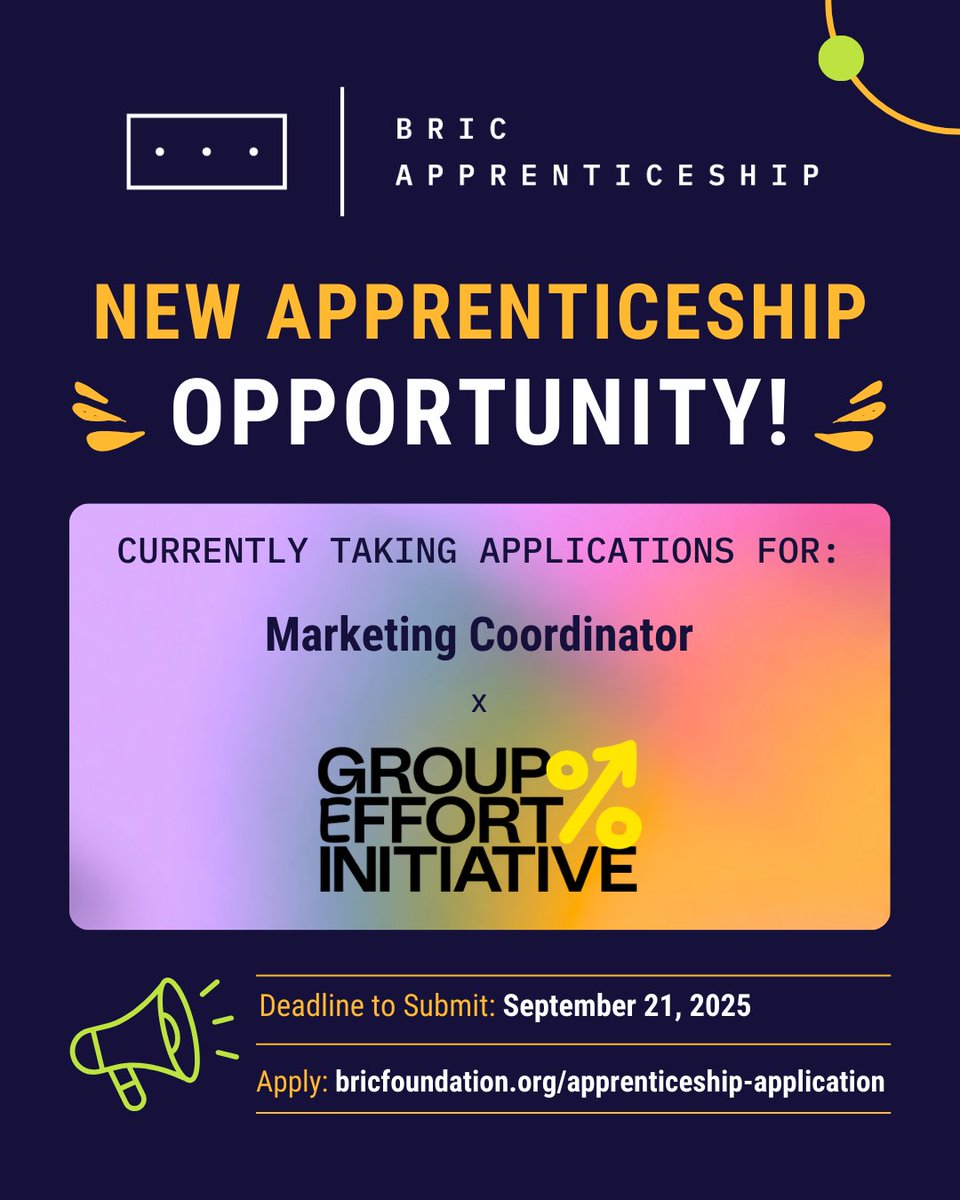 📣 BRIC is partnering with <a href="/groupeffort/">Group Effort Initiative</a> to offer a Marketing Coordinator Apprenticeship for aspiring entertainment industry professionals. 

Must be:
✅ Current California resident
✅ Veteran OR 18–24 years old
✅ Authorized to work in the US

⏰ Deadline: Sept. 21
🔗 Link in bio