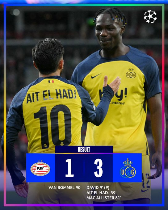 Two soccer players on a field, one wearing a blue jersey with "AIT EL HADJ 10" on the back, the other in a yellow and blue jersey with "PSV" and "DAVID P" visible. They are facing each other, with one gesturing with a hand. A scoreboard shows PSV 1 - 3 Union SG, with goals by Van Bommel 90', Ait El Hadj 39', and Mac Allister 81'.