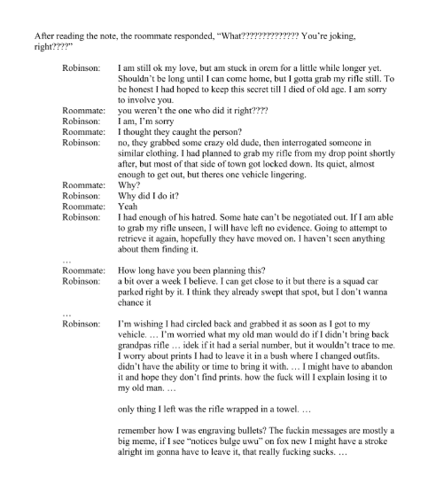 Key text message exchange between Tyler Robinson, the accused Charlie Kirk assassin, and his roommate and romantic partner, per prosecutors.

Live updates here: nytimes.com/live/2025/09/1…

Full indictment: nytimes.com/interactive/20…