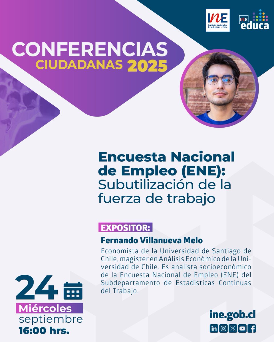 El miércoles 24 de septiembre, a las 16.00 hrs., acompáñanos en la Conferencias Ciudadanas del INE, en esta ocasión, a cargo de Fernando Villanueva Melo, en torno a la Encuesta Nacional de Empleo: Subutilización de la fuerza de trabajo. Inscríbete: tinyurl.com/mr22tw4r