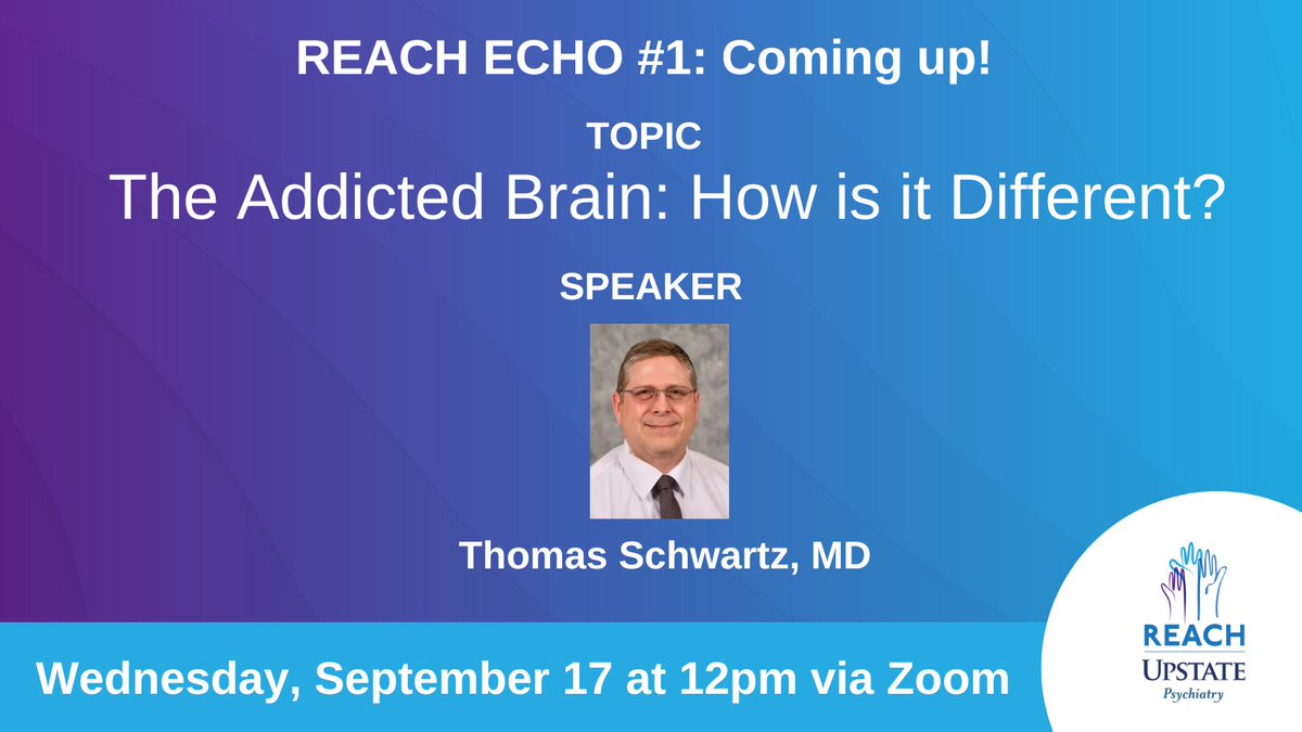 REACH_Upstate's tweet photo. 🚨 Kicking off the fall ECHO series! Join us tomorrow, Sept 17 at 12 PM ET for a session with Dr. Thomas Schwartz on understanding the addicted brain. A great opportunity for NYS providers to expand their knowledge!

Click below to join &amp; learn together!👉
https://t.co/cnRaxNZzNT https://t.co/UwSLztnIuG