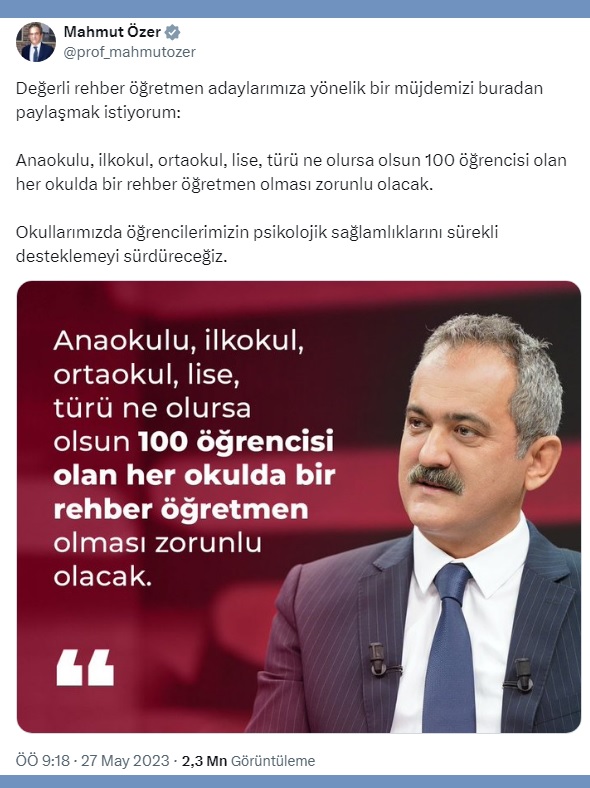 Bir önceki Milli Eğitim Bakanı Mahmut Özer, 27 Mayıs 2023'te: “Anaokulu, ilkokul, ortaokul, lise, türü ne olursa olsun 100 öğrencisi olan her okulda bir rehber öğretmen olması zorunlu olacak" demişti. Yönetmelik değişikliği niçin yapılmıyor?
#OkuldaPdrHayattaNefes
<a href="/tcmeb/">Millî Eğitim Bakanlığı</a> 
<a href="/mebpgm/">Personel Genel Müdürlüğü</a>