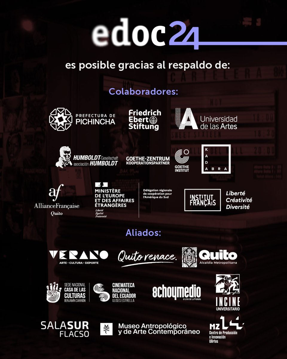 FestivalEDOC's tweet image. Como cada año, expresamos nuestro más profundo agradecimiento a las personas, colectivos e instituciones cuyo apoyo hace posible la realización del #EDOC.
Gracias por contribuir al fortalecimiento y difusión del cine documental en el Ecuador.